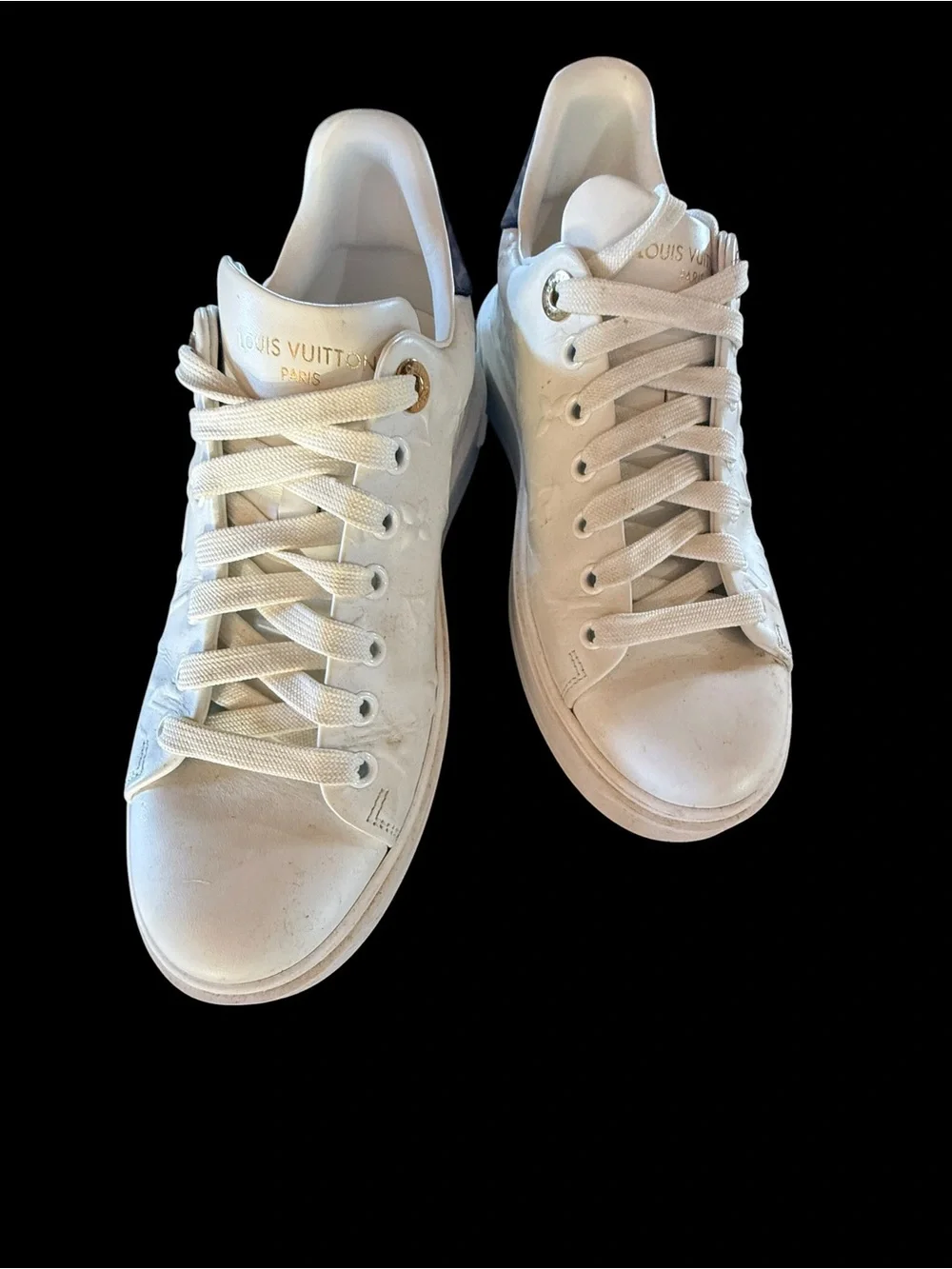 Louis Vuitton White Leather Embossed Monogram Sneakers with Brown Heel